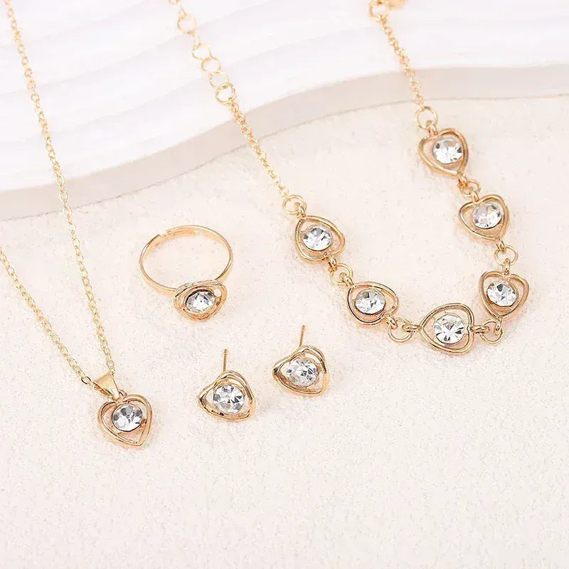 Liekoo 5 Pcs Gold-Color Double Heart Jewelry Set