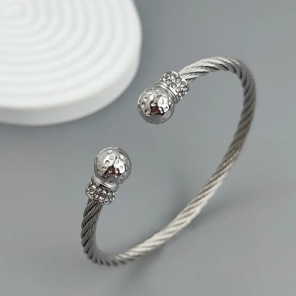 Wire twisted double ball zirconia stainless steel gold plated 18K bracelet, high quality waterproof silver jewelry, couple gift