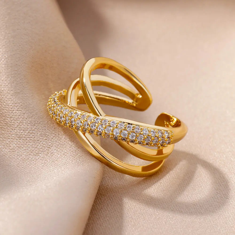 Zircon Double Crossed Shape Rings For Women Gold Color Stainless Steel Cross Ring Luxury Wedding Couple Rings Aesthetic Jewerly