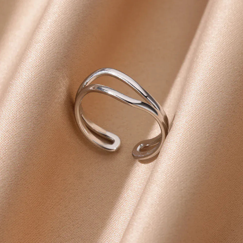 Hollow Double Layer Line Stainless Steel Rings For Women Men Opening Adjustable Gold Color Ring Wedding Fashion Jewelry Gift