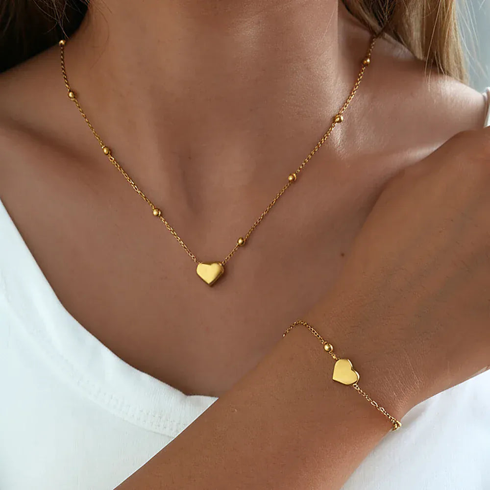 Liekoo Gold Plated Heart Pendant Necklace & Bracelet Set