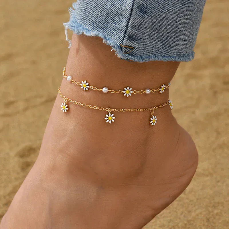 Elegant Summer Daisy Anklet Adjustable Pearl