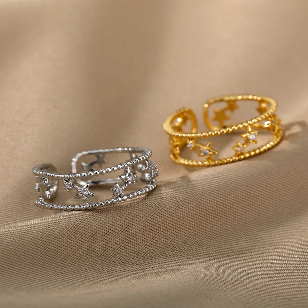 Shiny Zircon Star Rings For Women Men Gold Color Stainless Steel Hollow Pentagram Ring Wedding Luxury Jewelry Gift 2024