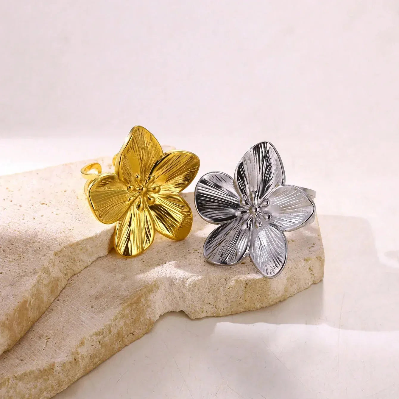 Vintage Large Flower Open Rings For Women Men Gold Color Stainless Steel Bud Ring Wedding Fashion Jewelry Accessories Gift