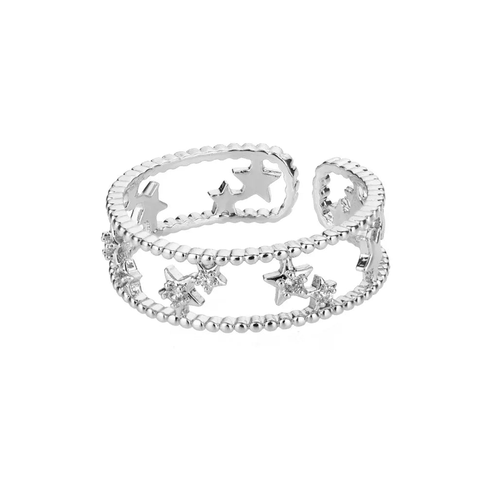 Shiny Zircon Star Rings For Women Men Gold Color Stainless Steel Hollow Pentagram Ring Wedding Luxury Jewelry Gift 2024