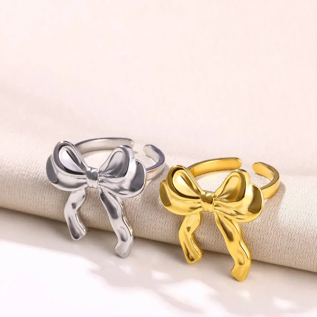 Stainless Steel Bow Ribbon Rings For Women Men Open Adjustable Gold Color Bowknot Ring Wedding Female Jewelry Gift anillos