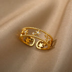 Shiny Zircon Star Rings For Women Men Gold Color Stainless Steel Hollow Pentagram Ring Wedding Luxury Jewelry Gift 2024