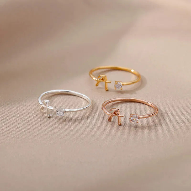 Mini Zircon A-Z Letter Initial Rings For Women Gold Color Adjustable Stainless Steel Ring Wedding Finger Jewelry Couple Gift