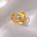 Stainless Steel  Double Layer Chain Zircon Knotted Rings For Women Open 18K Gold Plated Knot Adjustable Finger Ring Jewelry