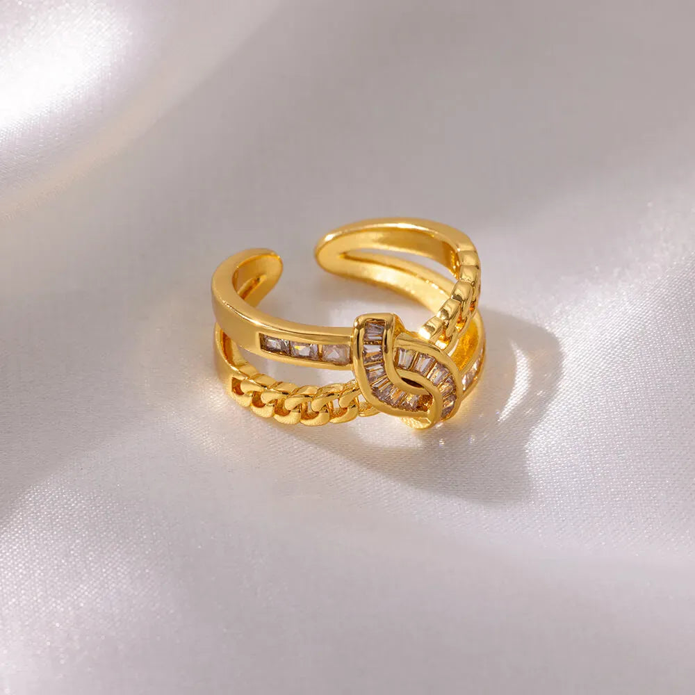 Stainless Steel  Double Layer Chain Zircon Knotted Rings For Women Open 18K Gold Plated Knot Adjustable Finger Ring Jewelry