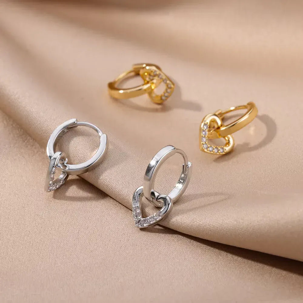 1Pair Hollow Zircon Heart Earrings For Women Stainless Steel Gold Color Dangle Heart Earring Luxury Wedding Couple Jewelry