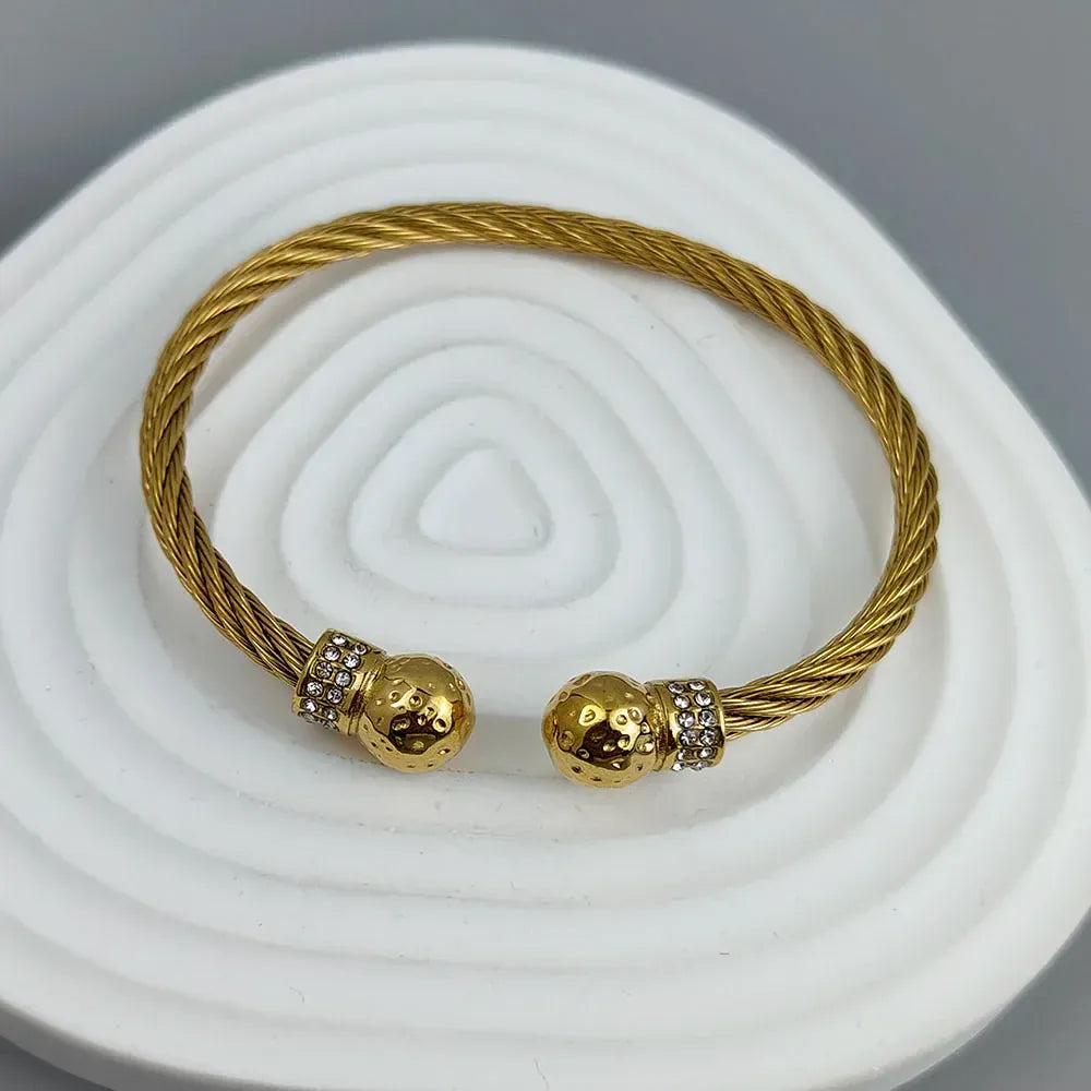 Wire twisted double ball zirconia stainless steel gold plated 18K bracelet, high quality waterproof silver jewelry, couple gift