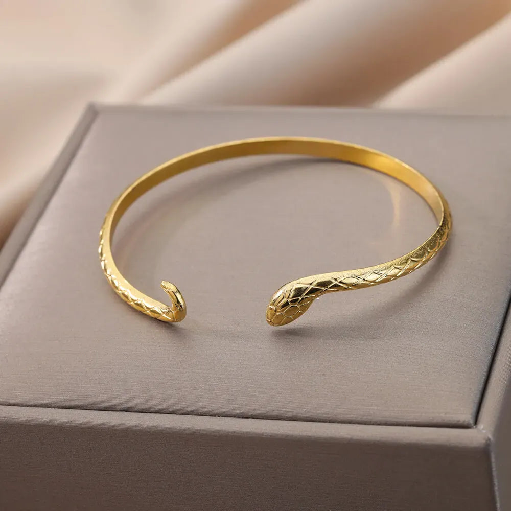 Stainless Steel Snake Bracelets for Women Vintage Gold Plated Texture Adjustable Animal Snake Bangle Female Wedding Jewelry