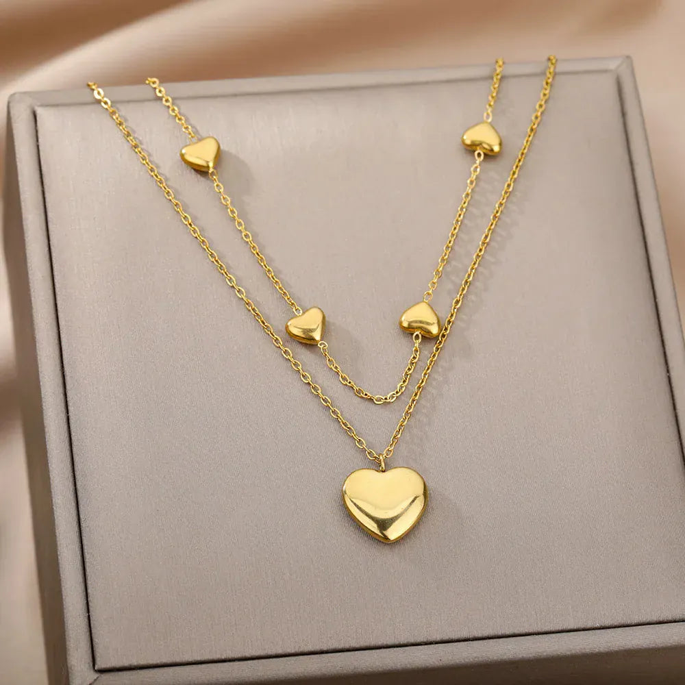 Double Layer Heart Clavicle Chain Necklaces For Women Stainless Steel Gold Plated Streetwear Choker Necklace Trendy Jewelry Gift