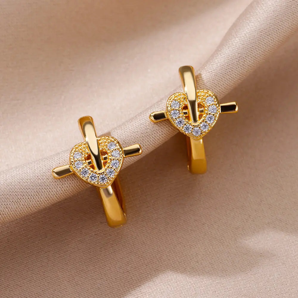 Gothic Zircon Heart Cross Hoop Earrings For Women Stainless Steel Gold Color Earrings Wedding Punk Jewelry pendientes mujer