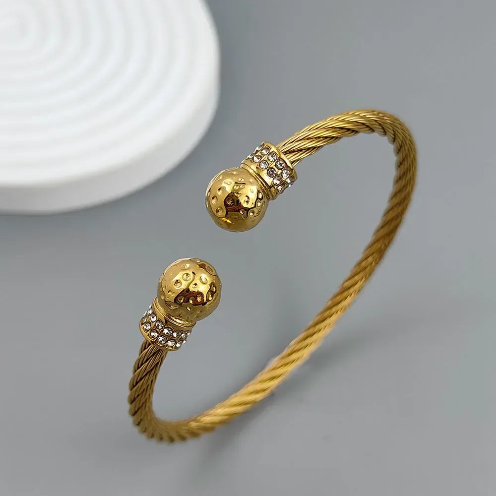 Wire twisted double ball zirconia stainless steel gold plated 18K bracelet, high quality waterproof silver jewelry, couple gift