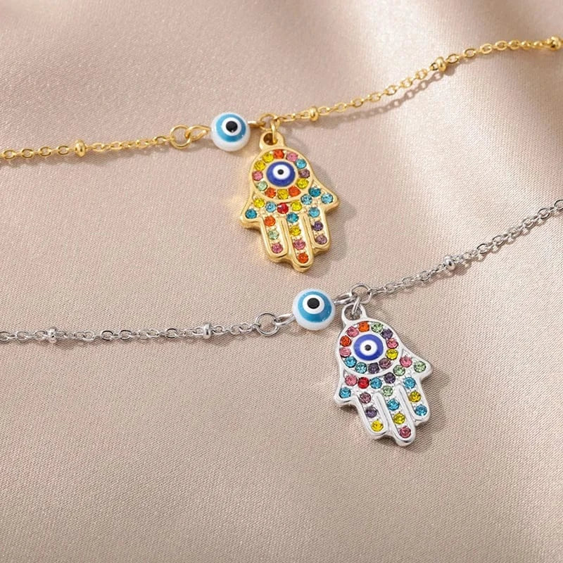 Zircon Fatima Hamsa Hand Evil Eye Anklets For Women Stainless Steel Adjustable Chain Anklet Bracelet SummerLeg Foot Jewelry Gift