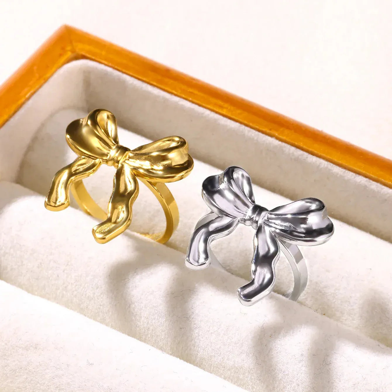 Stainless Steel Bow Ribbon Rings For Women Men Open Adjustable Gold Color Bowknot Ring Wedding Female Jewelry Gift anillos