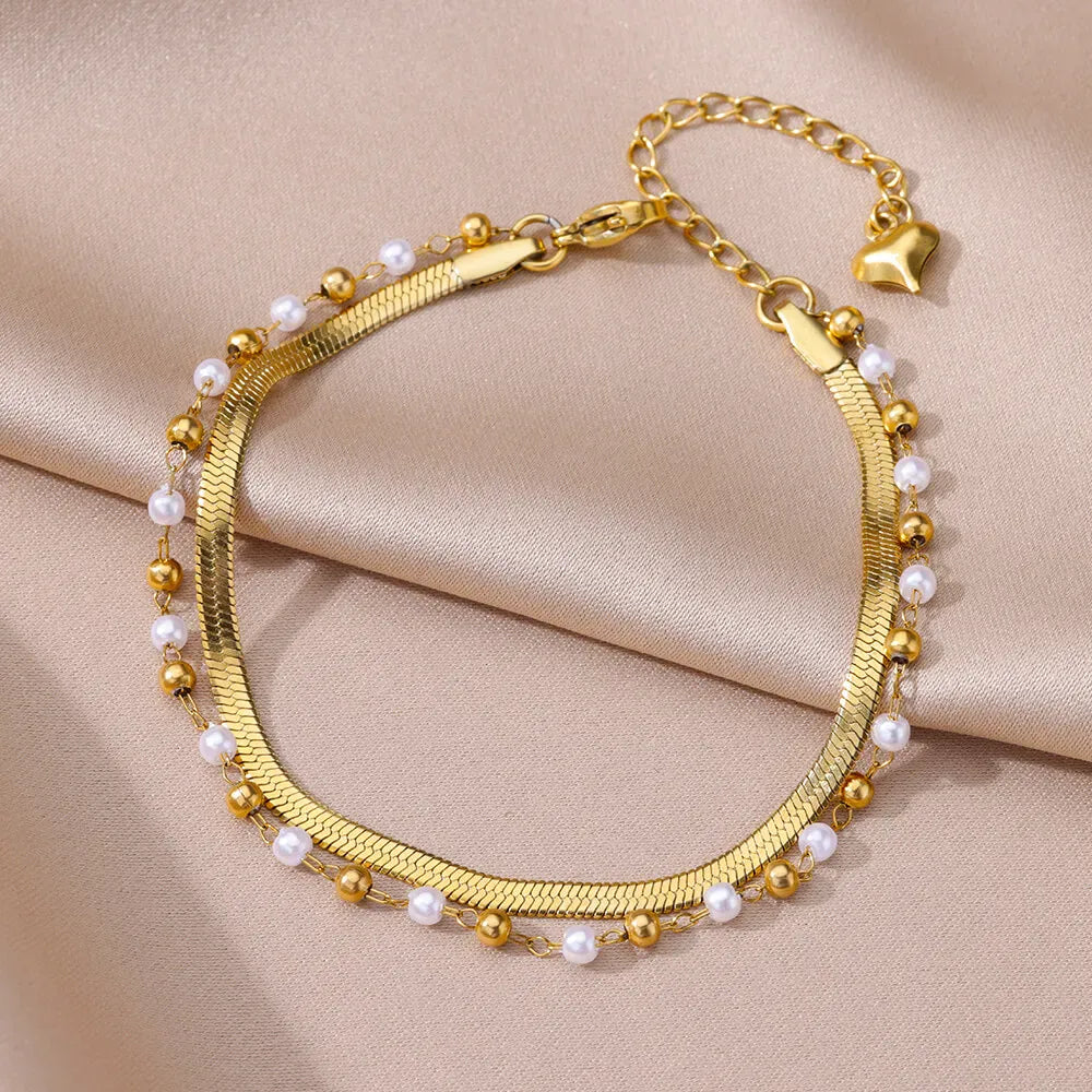 Fashion Pearl Anklets For Women Gilrs Gold Color Stainless Steel Double Layer Snake Chain Anklet Foot Leg Summer Jewelry Gift