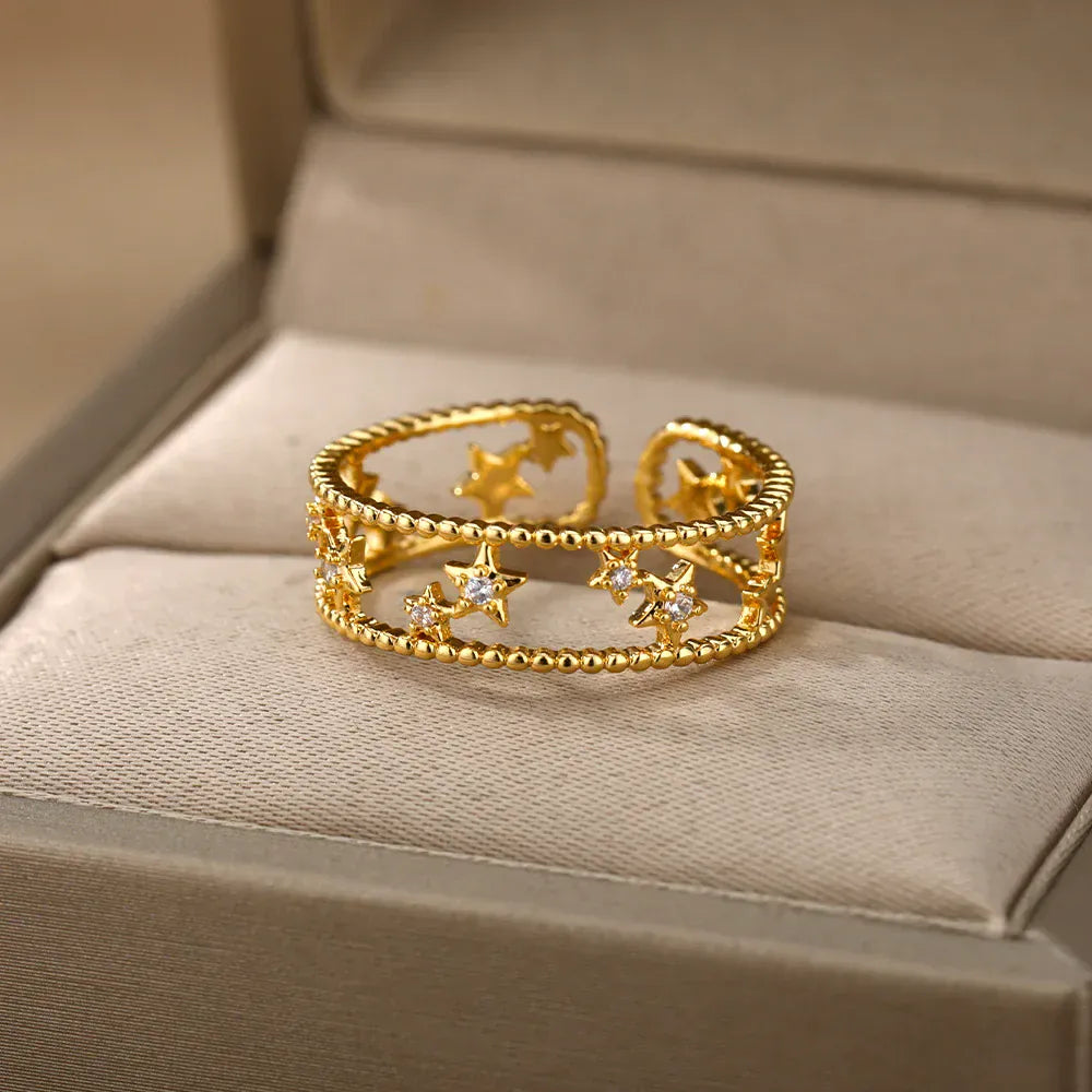 Shiny Zircon Star Rings For Women Men Gold Color Stainless Steel Hollow Pentagram Ring Wedding Luxury Jewelry Gift 2024