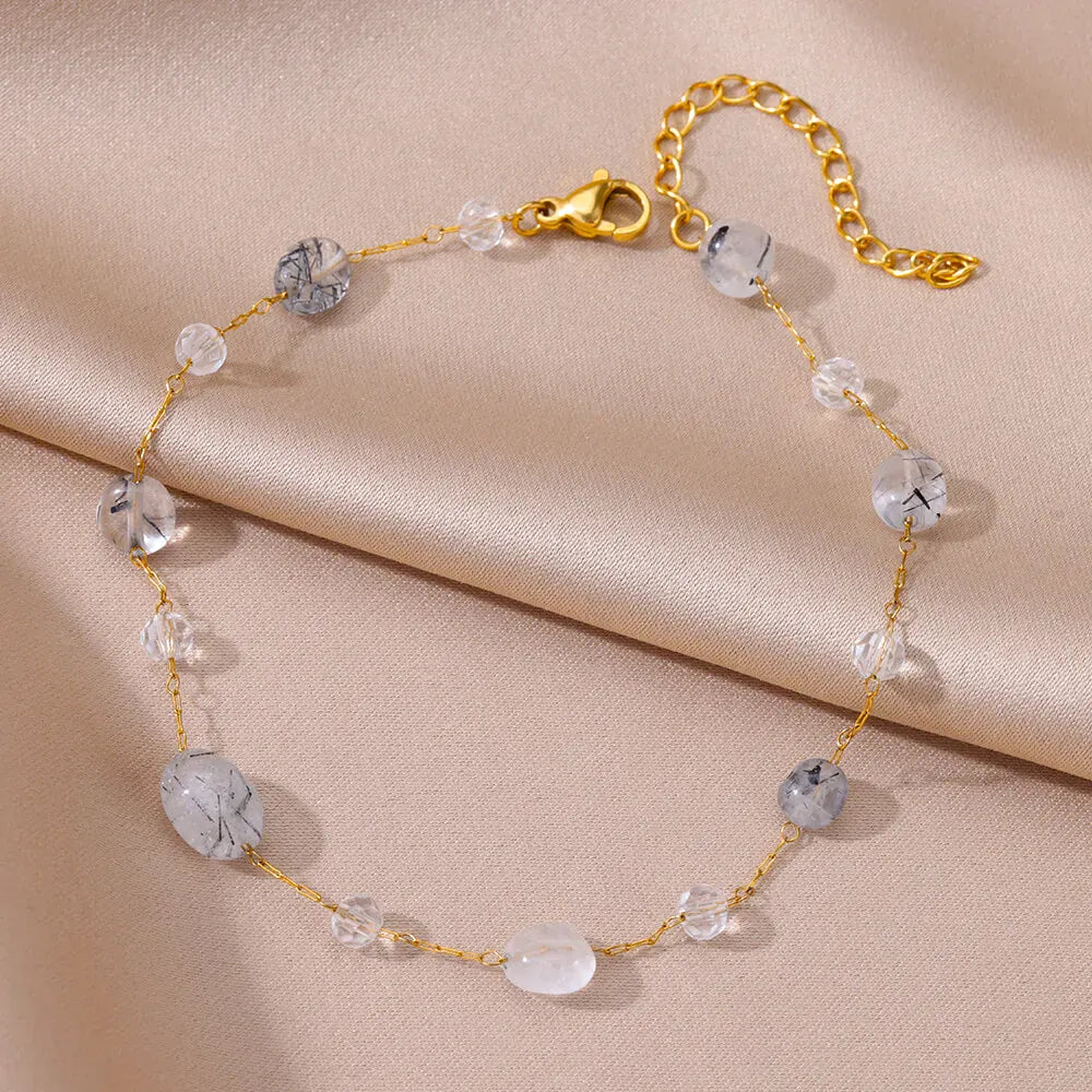 Green Natural Stone Stainless Steel Anklets For Women Gilrs Gold Color Double Layed  Anklet Bracelet Femme Summer Jewelry Gift