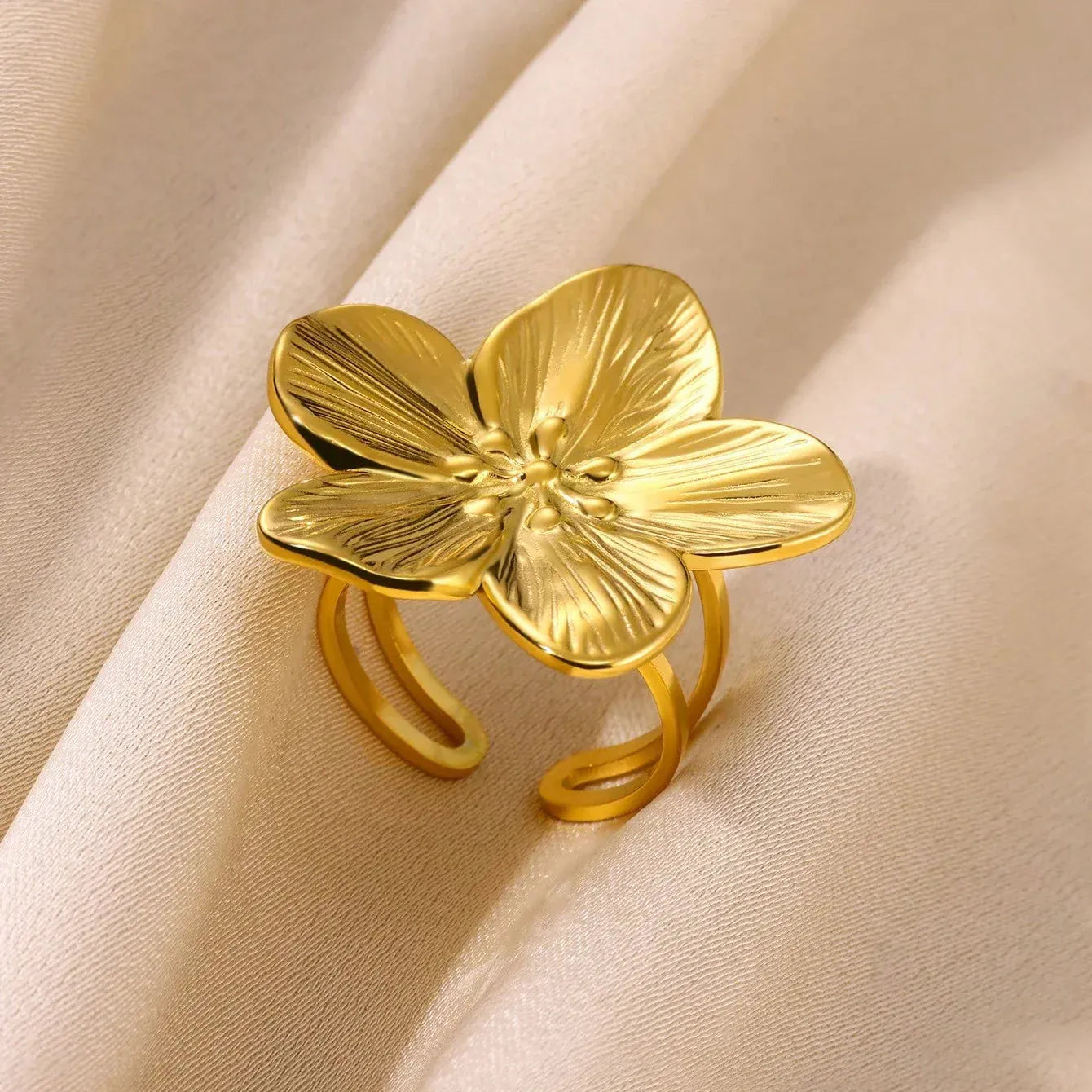 Vintage Large Flower Open Rings For Women Men Gold Color Stainless Steel Bud Ring Wedding Fashion Jewelry Accessories Gift