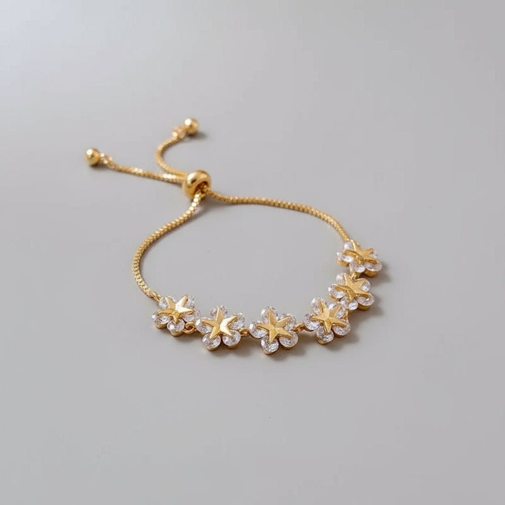 Rhinestone Star & Flower Charm Bracelet Gold Plated Elegant